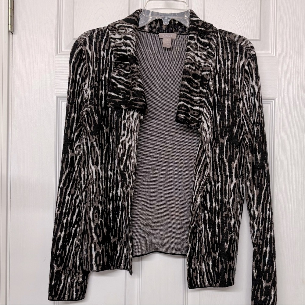Chico’s Animal Print Collared Open Cardigan Sweater Sz M